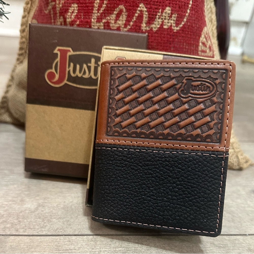 New Justin Boots Mens Leather Wallet Bi Fold Basketweave Card Wallet Brown Black